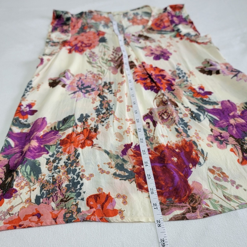 Andree by Unit Floral Cap Sleeve Blouse Women's L Ivory Red Boho Chic Retro Top - Picture 5 of 10